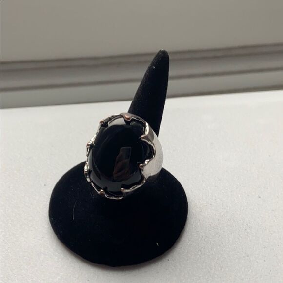 Funky polished black stone & silver tone ring 6.5 - Picture 12 of 16